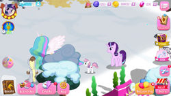 Size: 1334x750 | Tagged: safe, artist:topsangtheman, gameloft, character:derpy hooves, character:princess celestia, character:silverstream, character:starlight glimmer, character:sweetie belle, character:twilight sparkle, species:alicorn, species:hippogriff, species:pegasus, species:pony, species:unicorn, episode:hearth's warming eve, g4, my little pony: friendship is magic, balloon, bits, game screencap, gem, snow, winter