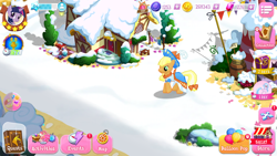 Size: 1334x750 | Tagged: safe, artist:topsangtheman, gameloft, character:applejack, character:silverstream, character:twilight sparkle, species:earth pony, species:pony, species:unicorn, episode:hearth's warming eve, g4, my little pony: friendship is magic, balloon, bits, game screencap, gem, older, older silverstream, snow, winter