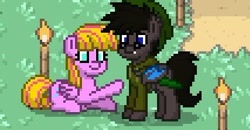 Size: 320x167 | Tagged: safe, artist:omegapony16, oc, oc only, species:bat pony, species:pegasus, species:pony, pony town, bat pony oc, clothing, duo, female, glasses, hat, male, mare, pegasus oc, pixel art, prone, smiling, stallion, torch, wings