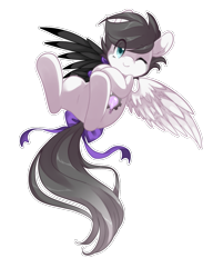 Size: 923x1200 | Tagged: safe, artist:loyaldis, oc, oc only, oc:snow bright, species:pegasus, species:pony, amputee, artificial wings, augmented, blue eyes, bow, cute, cutie mark, female, flying, grey hair, mare, mechanical wing, one eye closed, owner:xheotris, pegasus oc, prosthetic limb, prosthetic wing, prosthetics, short hair, simple background, tail bow, transparent background, white outline, wings, wink