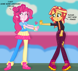 Size: 1174x1080 | Tagged: safe, artist:grapefruitface1, derpibooru original, character:pinkie pie, character:sunset shimmer, equestria girls:sunset's backstage pass, g4, my little pony: equestria girls, my little pony:equestria girls, spoiler:eqg series (season 2), desperation, drink, juice, lemonade, music festival outfit, need to pee, omorashi, potty emergency, potty time