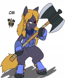 Size: 1716x2048 | Tagged: safe, artist:omegapony16, oc, oc only, oc:oriponi, species:pony, armor, axe, battle axe, bipedal, braid, eyepatch, female, frown, hoof hold, mare, scar, simple background, solo, text, translation request, unshorn fetlocks, weapon, white background