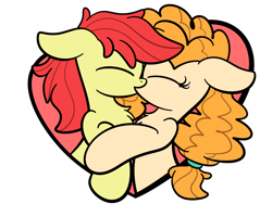 Size: 2560x1920 | Tagged: safe, artist:kimjoman, part of a set, character:bright mac, character:pear butter, commission, cute, hatless, heart, holiday, kissing, missing accessory, simple background, transparent background, valentine's day, valetine, ych result