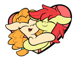 Size: 2560x1920 | Tagged: safe, artist:kimjoman, part of a set, character:bright mac, character:pear butter, species:earth pony, species:pony, commission, cute, hatless, heart, holiday, missing accessory, simple background, transparent background, valentine's day, valetine, ych result
