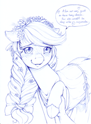 Size: 1239x1688 | Tagged: safe, artist:longinius, character:applejack, species:earth pony, species:human, species:pony, alternate hairstyle, blushing, braid, clothing, cute, dialogue, dress, ear blush, female, floppy ears, flower, flower in hair, freckles, hoof hold, implied human on pony action, implied interspecies, jackabetes, looking at you, mare, monochrome, offscreen character, offscreen human, pov, ribbon, speech bubble, talking to viewer, traditional art