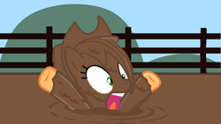Size: 738x417 | Tagged: safe, artist:grapefruitface1, base used, character:applejack, species:pony, clothing, cowboy hat, female, fence, hat, hooves up, mud, outdoors, peril, quicksand, screaming, solo, stetson