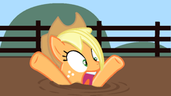 Size: 738x417 | Tagged: safe, alternate version, artist:grapefruitface1, base used, character:applejack, species:pony, clothing, cowboy hat, female, fence, hat, hooves up, mud, outdoors, peril, quicksand, screaming, solo, stetson
