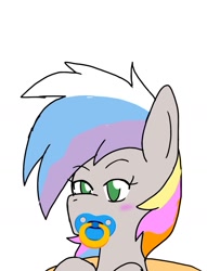 Size: 1219x1597 | Tagged: safe, alternate version, artist:omegapony16, oc, oc only, species:earth pony, species:pony, blushing, cropped, earth pony oc, multicolored hair, pacifier, rainbow hair, simple background, solo, white background