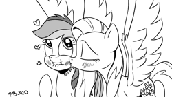 Size: 1200x675 | Tagged: safe, artist:pony-berserker, character:fluttershy, character:rainbow dash, species:pegasus, species:pony, ship:flutterdash, black and white, female, grayscale, heart, i can't believe it's not idw, kissing, lesbian, lip bite, mare, monochrome, pony-berserker's twitter sketches, shipping, signature, simple background, spread wings, stippling, white background, wings