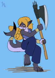 Size: 2508x3541 | Tagged: safe, artist:omegapony16, oc, oc only, oc:oriponi, species:anthro, species:digitigrade anthro, anthro oc, axe, battle axe, clothing, eyepatch, female, frown, original species, pants, scar, shark, shark pony, signature, simple background, solo, species swap, tail wrap, weapon, wristband