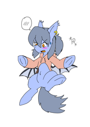 Size: 2508x3541 | Tagged: safe, artist:omegapony16, oc, oc only, oc:oriponi, species:bat pony, species:pony, :o, bat pony oc, blushing, clothing, ear piercing, earring, embarrassed, featureless crotch, female, frog (hoof), hoodie, jewelry, mare, open mouth, pictogram, piercing, signature, simple background, solo, spread wings, underhoof, white background, wings