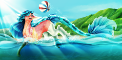 Size: 5077x2480 | Tagged: safe, artist:oneiria-fylakas, oc, species:pony, beach ball, female, fish tail, high res, mare, solo