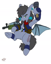 Size: 1615x2048 | Tagged: safe, artist:omegapony16, oc, oc only, oc:oriponi, species:bat pony, species:pony, bat pony oc, clothing, ear piercing, earring, flying, frog (hoof), gun, hoof hold, jewelry, leg band, male, piercing, signature, solo, stallion, underhoof, weapon