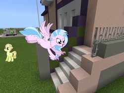 Size: 2048x1536 | Tagged: safe, artist:cheezedoodle96, artist:vector-brony, edit, editor:topsangtheman, character:silverstream, species:crystal pony, species:hippogriff, species:pony, golden glitter, looking at you, mansion, minecraft, stairs, that hippogriff sure does love stairs, truck