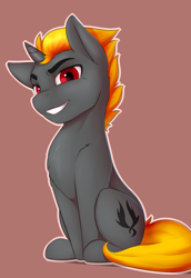 Size: 1650x2400 | Tagged: safe, artist:captainpudgemuffin, oc, oc only, oc:shadowed ember, species:pony, species:unicorn, grin, looking at you, male, simple background, sitting, smiling, solo, stallion
