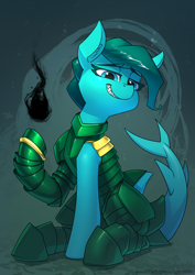 Size: 2480x3508 | Tagged: safe, artist:underpable, oc, oc:jeta, armor, commission, grin, high res, original species, shark, shark pony, sitting, smiling, solo
