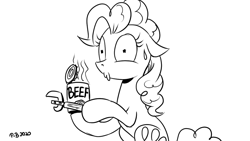 Size: 1200x675 | Tagged: safe, artist:pony-berserker, character:pinkie pie, species:earth pony, species:pony, beef, black and white, can, can opener, female, food, grayscale, implied ponies eating meat, lineart, mare, meat, monochrome, pony-berserker's twitter sketches, rick and morty, signature, simple background, sitting, solo, style emulation, sweat, sweatdrop, white background