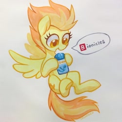 Size: 1440x1440 | Tagged: safe, artist:dawnfire, character:spitfire, species:pegasus, species:pony, g4, bionicle, cute, cutefire, female, flying, lego, mare, simple background, smiling, solo, spitfire's bionicles, traditional art, white background, 🅱