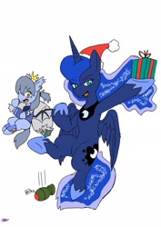 Size: 1451x2048 | Tagged: safe, artist:omegapony16, character:princess luna, oc, oc:oriponi, species:alicorn, species:bat pony, species:pony, :o, armor, bat pony oc, bomb, christmas, clothing, crown, duo, ear piercing, earring, ethereal mane, female, galaxy mane, grenade, hat, holiday, hoof hold, hoof shoes, jewelry, mare, open mouth, peytral, piercing, present, regalia, santa hat, santa sack, scared, signature, simple background, vest, weapon, white background