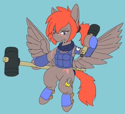 Size: 2048x1877 | Tagged: safe, artist:omegapony16, oc, oc only, oc:oriponi, species:pegasus, species:pony, armor, clothing, female, flying, hammer, hoof hold, mallet, mare, pegasus oc, scar, scarf, simple background, soldier, solo, spread wings, vest, wings