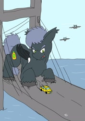 Size: 1451x2048 | Tagged: safe, artist:omegapony16, oc, oc only, species:bat pony, species:pony, bat pony oc, bridge, car, jet, jet fighter, macro, male, open mouth, plane, stallion, taxi, unshorn fetlocks, water