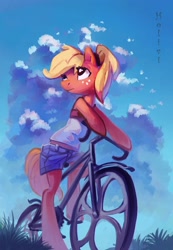 Size: 2586x3736 | Tagged: safe, artist:holivi, character:applejack, species:pony, alternate hairstyle, bicycle, clothing, cloud, female, high res, mare, semi-anthro, solo