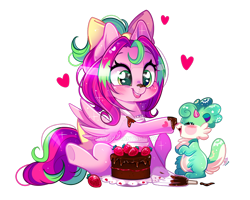 Size: 800x640 | Tagged: safe, artist:ipun, oc, oc only, oc:gadget, oc:precious metal, species:pegasus, species:pony, apron, bow, cake, chibi, clothing, cute, deviantart watermark, female, food, hair bow, heart, mare, obtrusive watermark, ocbetes, simple background, strawberry, transparent background, watermark, wingding eyes