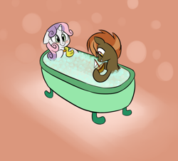Size: 1024x925 | Tagged: safe, artist:jessy, character:button mash, character:sweetie belle, abstract background, bath, blushing, female, floppy ears, male, rubber duck, shipping, straight, sweetiemash