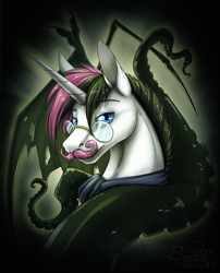 Size: 1000x1238 | Tagged: safe, artist:sunny way, oc, oc:deon adamson, species:pony, species:unicorn, bust, clothing, commission, facial hair, finished commission, glasses, horn, lovecraft, male, moustache, portrait, reading, scarf, solo, spider legs, stallion, tentacles, wings