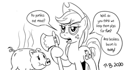 Size: 1200x675 | Tagged: safe, artist:pony-berserker, character:applejack, species:earth pony, species:pony, axe, black and white, breaking the fourth wall, clothing, dialogue, grayscale, hat, i can't believe it's not idw, implied ponies eating meat, looking at you, monochrome, pig, pony-berserker's twitter sketches, signature, simple background, speech bubble, weapon, white background