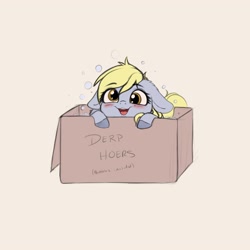 Size: 4000x4000 | Tagged: safe, artist:miokomata, character:derpy hooves, species:pegasus, species:pony, absurd resolution, blushing, box, bubble, cute, derpabetes, female, floppy ears, mare, miokomata is trying to murder us, open mouth, pony in a box, simple background, solo, weapons-grade cute, ych result