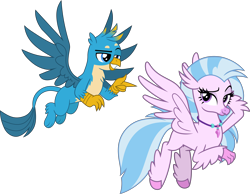Size: 5210x4044 | Tagged: safe, artist:cheezedoodle96, artist:frownfactory, edit, character:gallus, character:silverstream, species:classical hippogriff, species:griffon, species:hippogriff, ship:gallstream, .svg available, chest fluff, female, flying, jewelry, lidded eyes, looking at you, male, necklace, paws, raised eyebrow, shipping, simple background, smiling, smirk, spread wings, straight, svg, transparent background, vector, wings