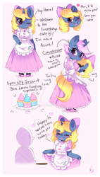 Size: 600x1058 | Tagged: safe, artist:ipun, oc, oc only, oc:azure/sapphire, species:anthro, species:pony, species:unguligrade anthro, species:unicorn, anthro oc, arm hooves, blushing, bow, clothing, crossdressing, cupcake, curtsey, deviantart watermark, dialogue, dress, femboy, food, friendship cafe, hair bow, heart, maid, maid cafe, male, obtrusive watermark, solo, stallion, watermark, wig