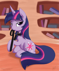 Size: 2078x2500 | Tagged: safe, artist:skipsy, character:twilight sparkle, character:twilight sparkle (unicorn), species:pony, species:unicorn, bedroom eyes, chest fluff, collar, female, golden oaks library, high res, leash, library, looking at you, mare, mouth hold, pet play, sitting, solo