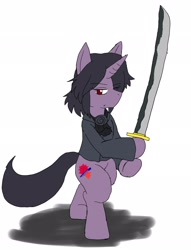 Size: 1562x2048 | Tagged: safe, alternate version, artist:omegapony16, oc, oc only, oc:oriponi, bipedal, clothing, colored, hoof hold, katana, simple background, solo, sword, weapon, white background