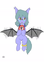 Size: 1451x2048 | Tagged: safe, artist:omegapony16, oc, oc only, oc:oriponi, species:bat pony, species:pony, bat pony oc, blood pack, bracelet, clothing, drinking, female, flying, glasses, hoof hold, jewelry, mare, motion lines, scarf, signature, simple background, solo, white background