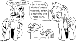 Size: 1200x675 | Tagged: safe, artist:pony-berserker, character:applejack, character:rarity, character:twilight sparkle, character:twilight sparkle (unicorn), species:earth pony, species:pony, species:unicorn, black and white, clothing, cowboy hat, dialogue, female, grayscale, hat, lineart, mare, monochrome, signature, simple background, speech bubble, squatpony, trio, twiggie, white background