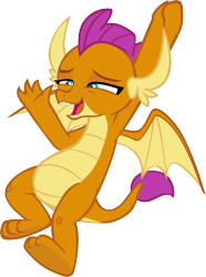 Size: 4471x6014 | Tagged: safe, artist:memnoch, character:smolder, species:dragon, episode:molt down, g4, my little pony: friendship is magic, absurd resolution, amused, blinking, claws, dragoness, feet, female, hanging, laughing, show accurate, simple background, smiling, smirk, smugder, solo, spread wings, teenaged dragon, teenager, toes, transparent background, underfoot, vector, wings