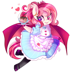 Size: 800x800 | Tagged: safe, artist:ipun, oc, oc only, oc:blood moon, species:anthro, species:bat pony, species:pony, species:unguligrade anthro, anthro oc, apron, arm hooves, bat pony oc, clothing, deviantart watermark, dress, fangs, female, food, friendship cafe, heart, heterochromia, ice cream, maid, mare, obtrusive watermark, shoes, simple background, socks, solo, transparent background, watermark