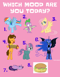 Size: 960x1216 | Tagged: safe, artist:goferyidzemor, artist:horsesandmuchmoar, artist:memnoch, edit, character:cheese sandwich, character:fluttershy, character:maud pie, character:nightmare moon, character:princess luna, character:rainbow dash, character:spike, species:dragon, species:earth pony, species:pegasus, species:pony, accordion, bipedal, burger, eyes closed, facebook, female, food, male, mare, meme, musical instrument, pink background, simple background, stallion, twilighting, winged spike