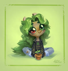 Size: 2781x2920 | Tagged: safe, artist:holivi, oc, oc only, species:anthro, anthro oc, clothing, cute, freckles, green background, heterochromia, jeans, looking at you, pants, plant, potted plant, shirt, simple background, sitting, smiling, solo