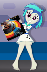 Size: 873x1317 | Tagged: safe, artist:grapefruitface1, character:dj pon-3, character:vinyl scratch, my little pony:equestria girls, barefoot, clothing, electric light orchestra, feet, female, grin, looking at you, record, sitting, smiling, solo