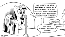 Size: 1200x675 | Tagged: safe, artist:pony-berserker, character:twilight sparkle, character:twilight sparkle (alicorn), species:alicorn, species:pony, bad joke, black and white, book, crosshatch, cute, dialogue, female, grayscale, mare, microphone, monochrome, offscreen character, plant, pony-berserker's twitter sketches, pun, simple background, sketch, solo, speech bubble, spotlight, stand-up comedy, that pony sure does love books, twiabetes, white background
