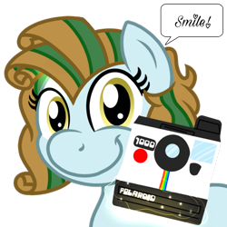 Size: 1000x1000 | Tagged: safe, artist:toyminator900, oc, oc only, oc:atlas, species:pony, species:unicorn, camera, dialogue, female, glowing horn, horn, magic, mare, polaroid, simple background, smiling, solo, speech bubble, telekinesis, transparent background