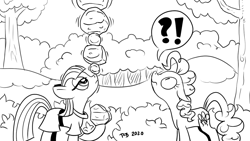 Size: 1200x675 | Tagged: safe, artist:pony-berserker, character:maud pie, character:pinkie pie, species:earth pony, species:pony, black and white, duo, exclamation point, female, grayscale, i can't believe it's not idw, interrobang, mare, monochrome, ponies balancing stuff on their nose, pony-berserker's twitter sketches, question mark, rock, siblings, signature, simple background, sisters, sketch, tree, white background