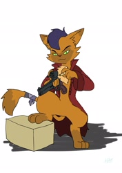 Size: 1451x2048 | Tagged: safe, artist:omegapony16, character:capper dapperpaws, species:abyssinian, species:anthro, species:digitigrade anthro, box, clothing, coat, gun, handgun, male, mateba, revolver, simple background, smiling, solo, weapon, white background