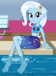 Size: 833x1125 | Tagged: safe, artist:grapefruitface1, character:trixie, episode:i'm on a yacht, equestria girls:forgotten friendship, g4, my little pony: equestria girls, my little pony:equestria girls, spoiler:eqg series (season 2), barefoot, belly button, bikini, clothing, feet, female, looking at you, partially submerged, ripples, solo, swimsuit, water