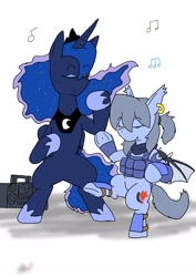 Size: 1451x2048 | Tagged: safe, alternate version, artist:omegapony16, character:princess luna, oc, oc:oriponi, species:bat pony, species:pony, armor, bat pony oc, bipedal, boombox, clothing, colored, dancing, duo, ear piercing, earring, ethereal mane, eyes closed, female, galaxy mane, hoof shoes, jewelry, mare, music notes, peytral, piercing, radio, scarf, signature, simple background, soldier, tiara, underhoof, vest, white background