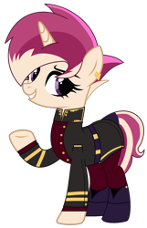 Size: 1596x2482 | Tagged: safe, artist:lazuli, artist:rukemon, base used, oc, oc only, oc:general rose blade, species:pony, species:unicorn, belt, boots, clothing, coat, commission, ear piercing, earring, female, grin, jewelry, mare, military uniform, multicolored hair, pants, piercing, raised hoof, shoes, simple background, smiling, socks, solo, transparent background, uniform
