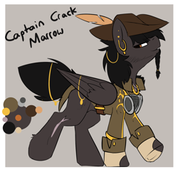 Size: 1216x1179 | Tagged: safe, artist:beardie, oc, oc only, oc:captain crack marrow, species:pegasus, species:pony, belt, belt buckle, braid, captain jack sparrow, character design, clothing, commission, ear piercing, earring, equine, feather, gray background, hat, jacket, jewelry, lidded eyes, male, necklace, parody, pegasus oc, piercing, reference sheet, scar, short tail, simple background, solo, stallion
